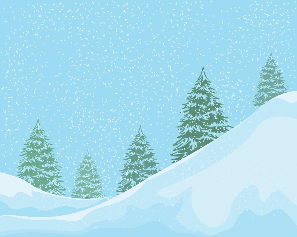 Winter landscape. Snow-covered winter forest. Christmas trees in the snow on the background of snowfall. Forest in the snow in cartoon style. Vector illustration