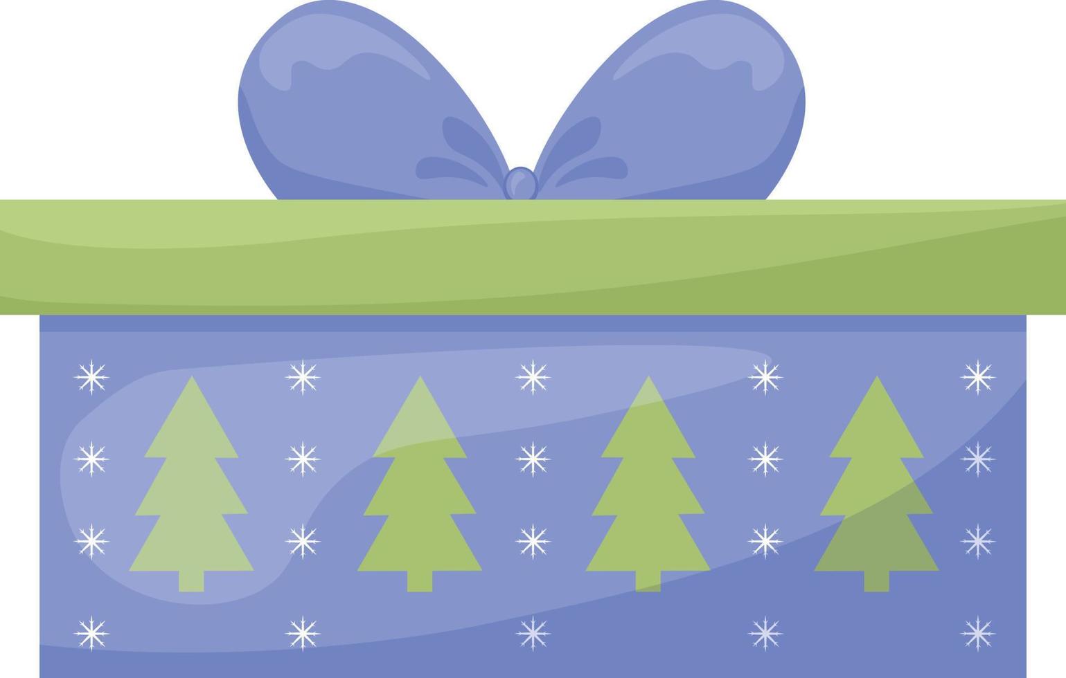 Bright gift box. Festive packaging decorated with the image of Christmas trees. A box decorated with a bow. Christmas gift box, vector illustration isolated on white background