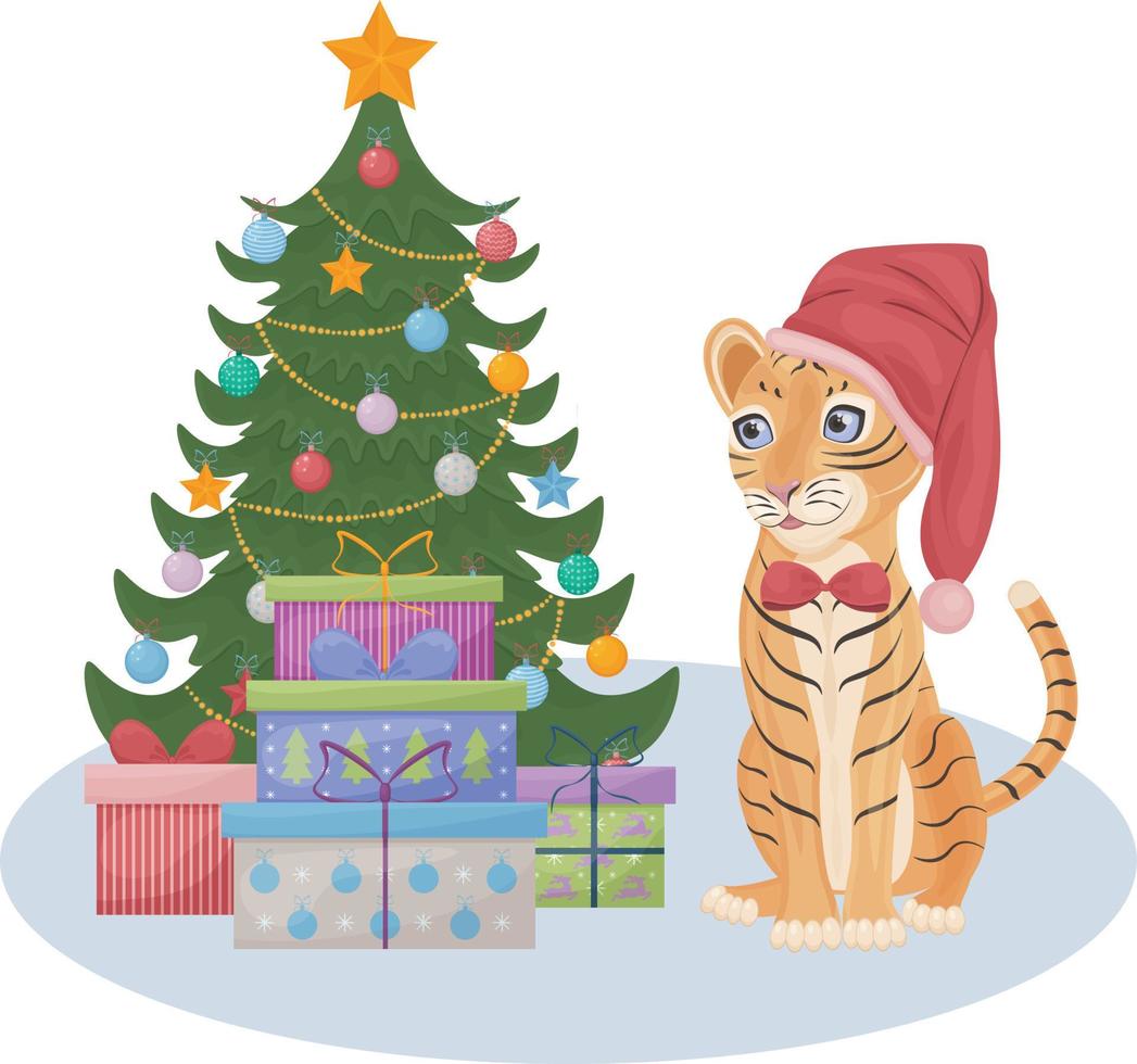 Cute Christmas illustration featuring a cute tiger in a red hat sitting next to a festive Christmas tree with gifts. A symbol of the new year. Children s New Year s illustration. Holiday card, vector