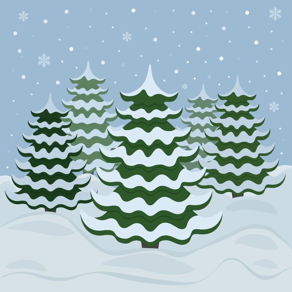 Winter illustration of a snow-covered forest. Winter forest landscape. Christmas trees in the snow. Snowfall in the forest vector illustration