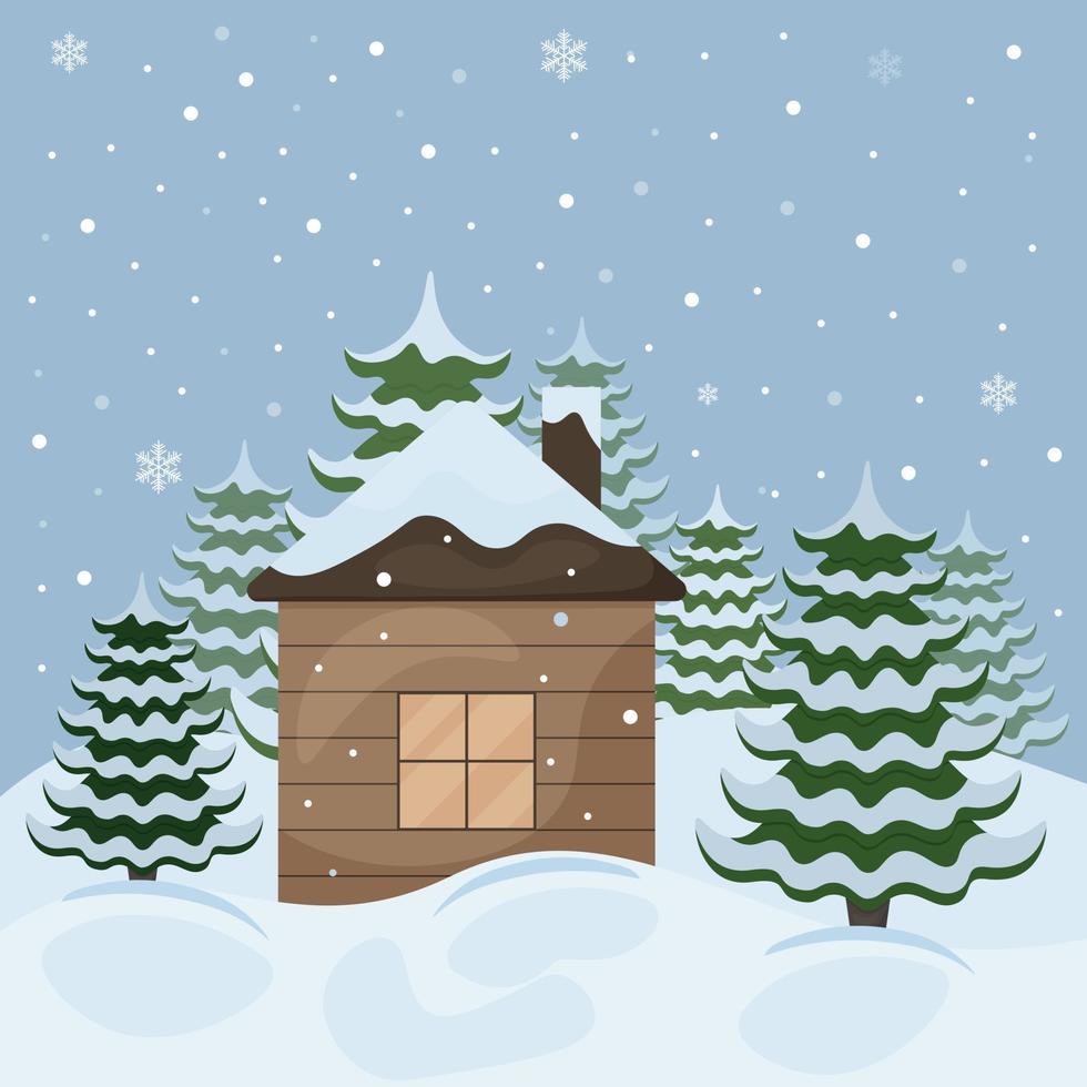 Winter illustration depicting a cozy wooden house in the forest. Winter landscape, house in the forest. A house surrounded by Christmas trees in a snow-covered forest. Vector illustration.