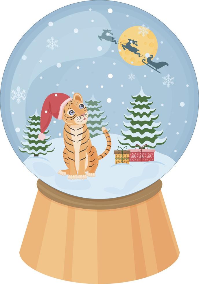 Christmas snow globe. A snow globe with a cute tiger, Christmas trees and Santa Claus reindeer on the background of the moon. A Christmas accessory. A festive toy. Vector illustration