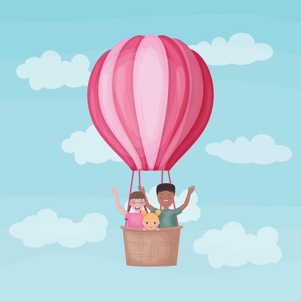 Balloon with children. Different black and white children in a hot air balloon. Funny kids are flying in a balloon and waving their hands. Funny travelers. Vector illustration.