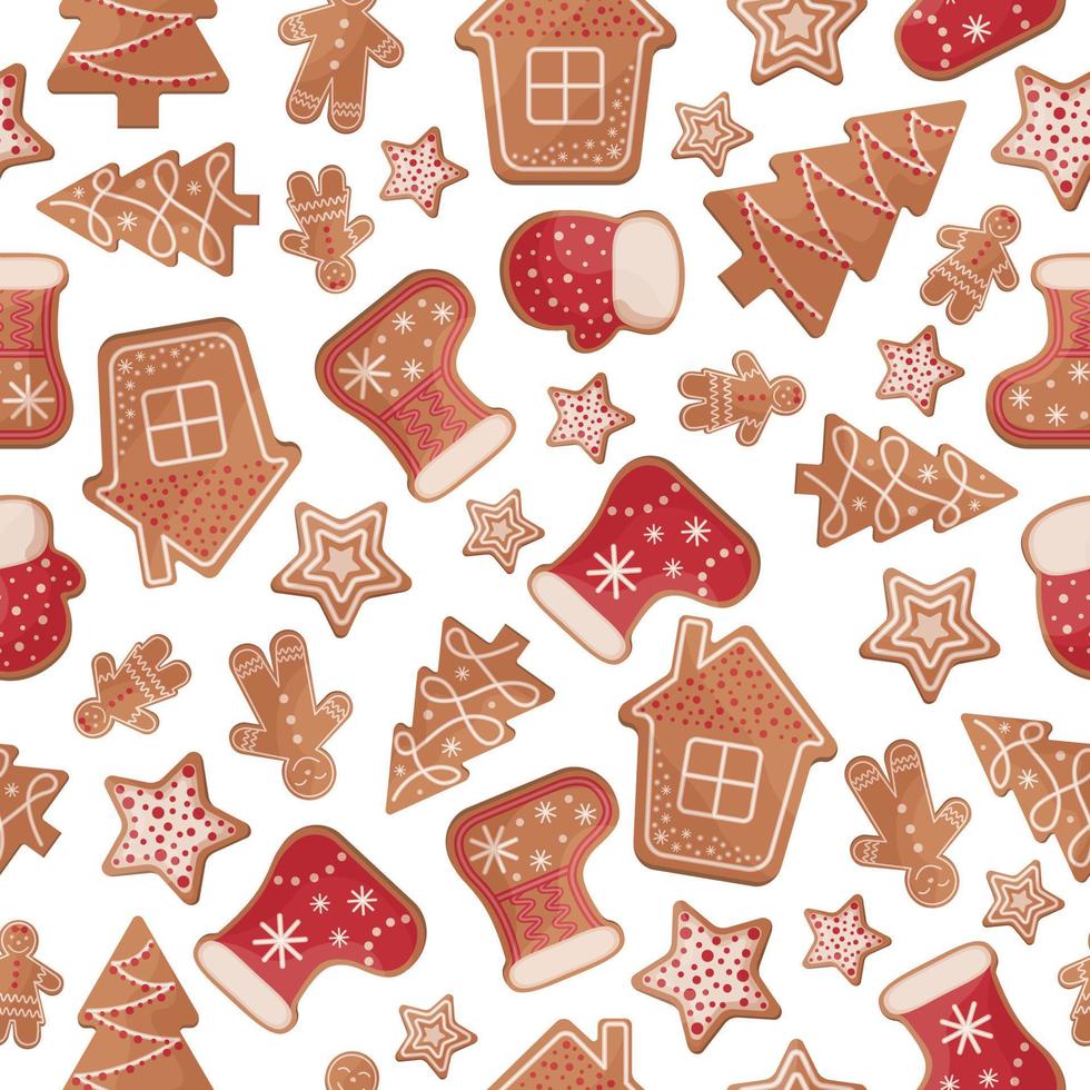 Sweet Christmas seamless pattern with the image of gingerbread cakes of various shapes. New Year gingerbread pattern for the print. Vector illustration