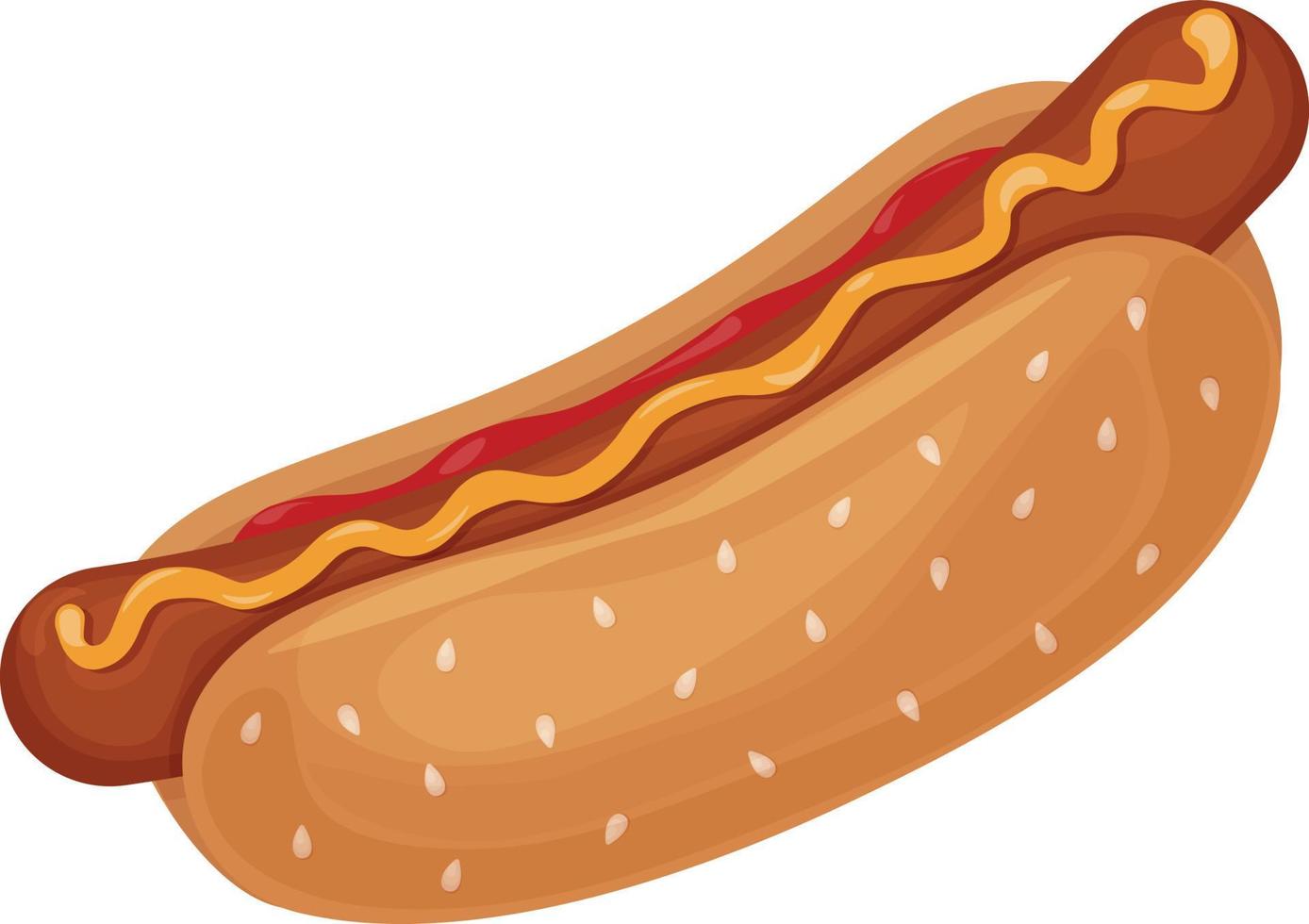 caliente perro. imagen de un caliente perro con salchicha con salsa de tomate y rociado con mostaza. rápido alimento. vector ilustración aislado en un blanco antecedentes