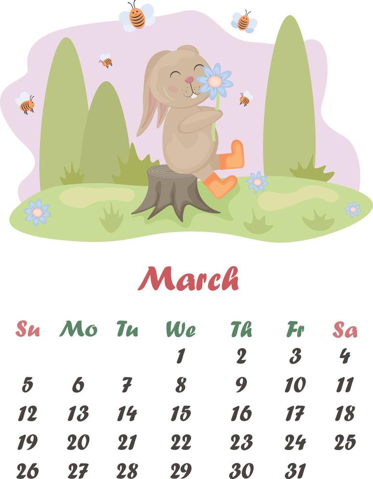 March is a cute cartoon rabbit. Spring calendar. Vector illustration of a rabbit. A rabbit is sitting on a stump with a flower in his hands, against the background of a forest and bees