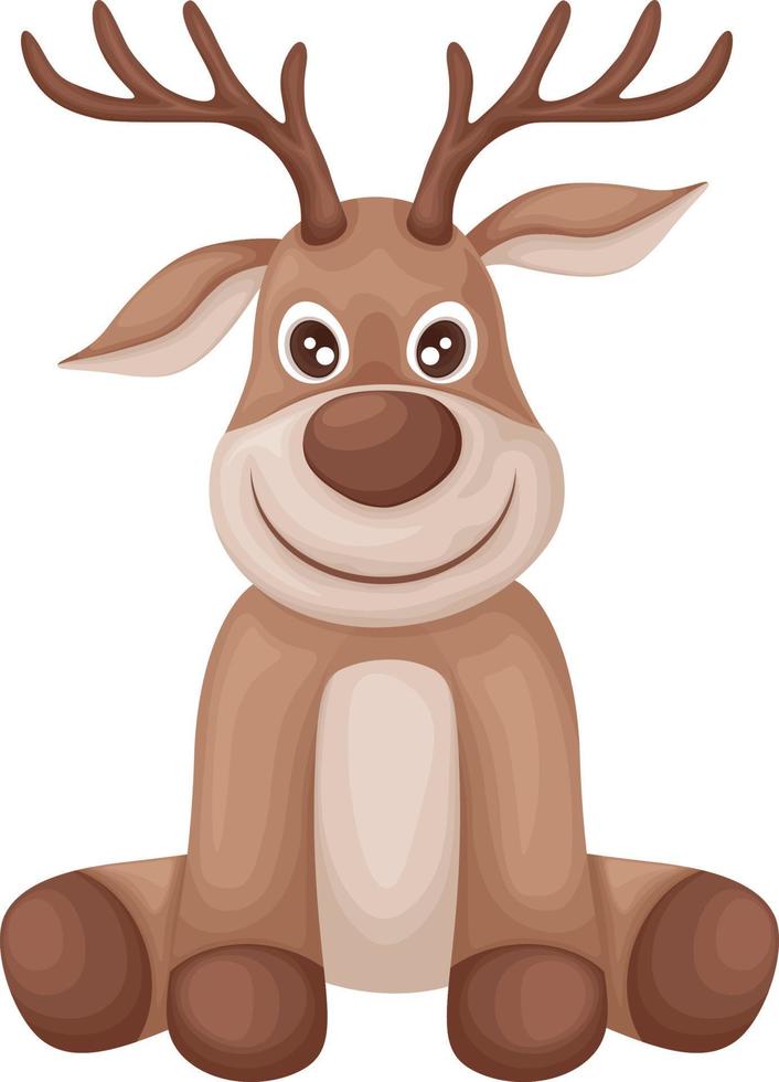 Christmas deer.A cute fawn is sitting on the floor. Cartoon smiling deer. Vector illustration isolated on a white background