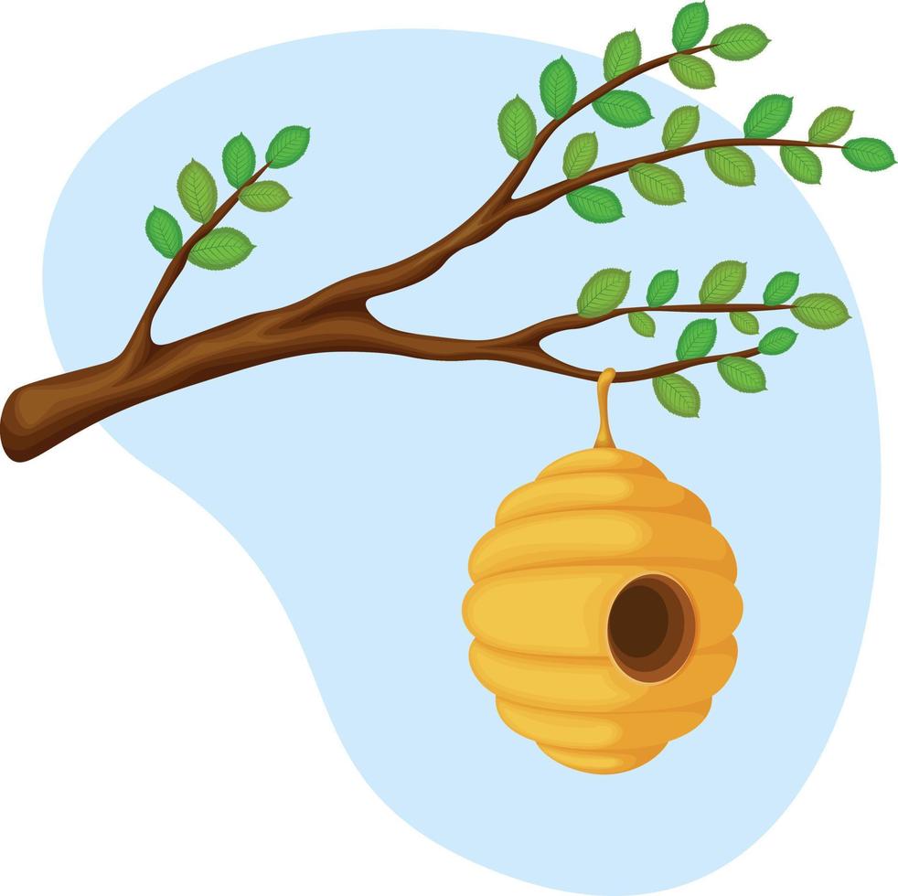 Hive. Yellow cartoon bee hive. A beehive on a tree branch. Vector illustration isolated on a white background