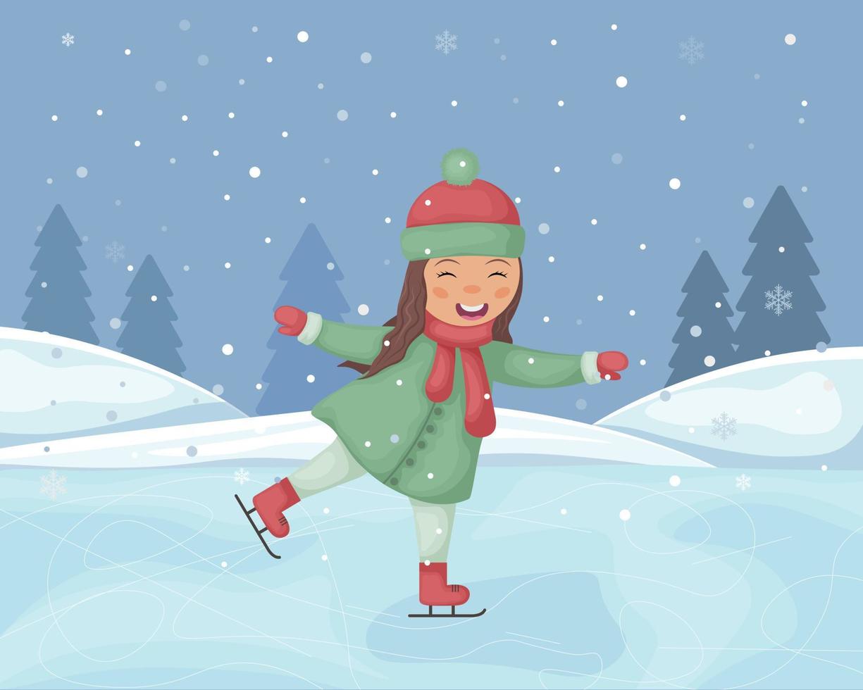 A girl on skates. Winter illustration with the image of a cute smiling girl skating. Figure skating on ice. Winter landscape with moon and snow-covered forest. Vector