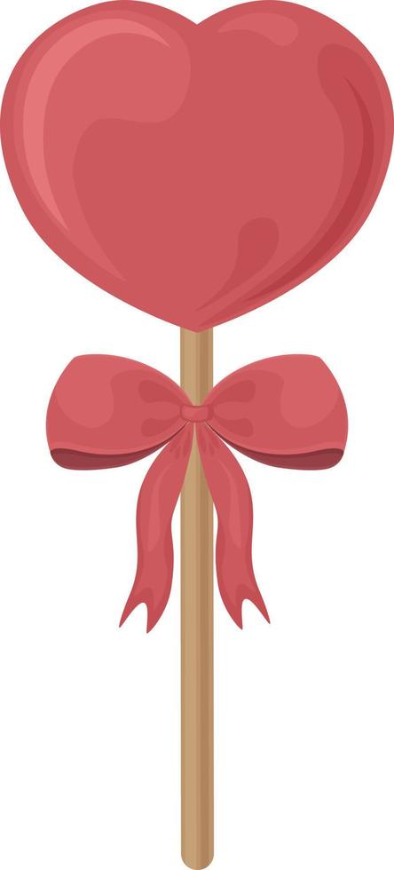 A bright heart-shaped lollipop with a bright red color with a bow on a stick. A sweet lollipop on a stick. New Year s candies. Sweets for Valentine s Day. Vector illustration isolated