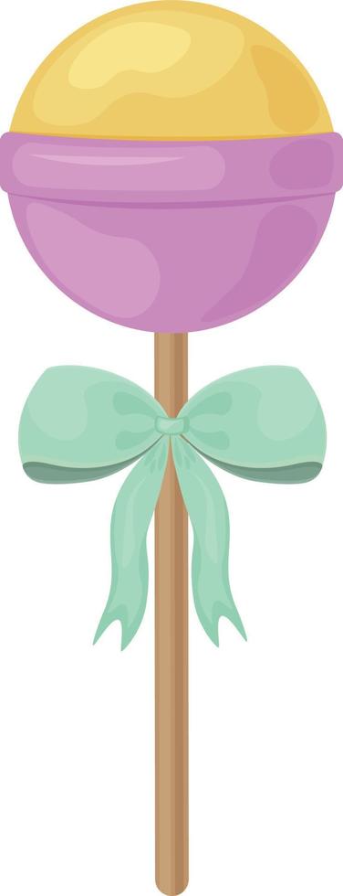 Bright round lollipop. Round sweet lollipop with a green bow. New Year s candies. Sweets for Valentine s Day. Vector illustration isolated on a white background