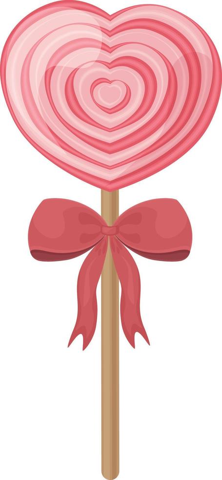 A bright heart-shaped lollipop with a bright red bow on a stick. Sweet lollipop. New Year s candies. Sweets for Valentine s Day. Vector illustration isolated on a white background