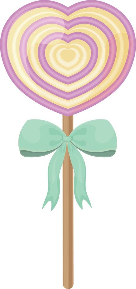 A bright heart-shaped lollipop with a green bow on a stick. A sweet lollipop on a stick. New Year s candies. Sweets for Valentine s Day. Vector illustration isolated on a white background