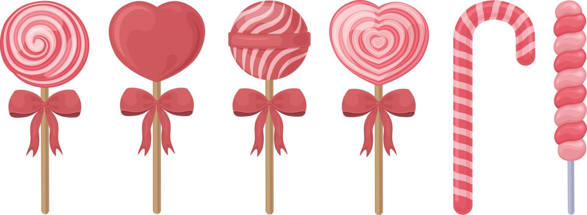 A bright set consisting of red and pink lollipops and candies. Lollipops of various shapes and sizes. Sweets for Valentine s Day.Christmas sweets. Festive candles. Vector illustration