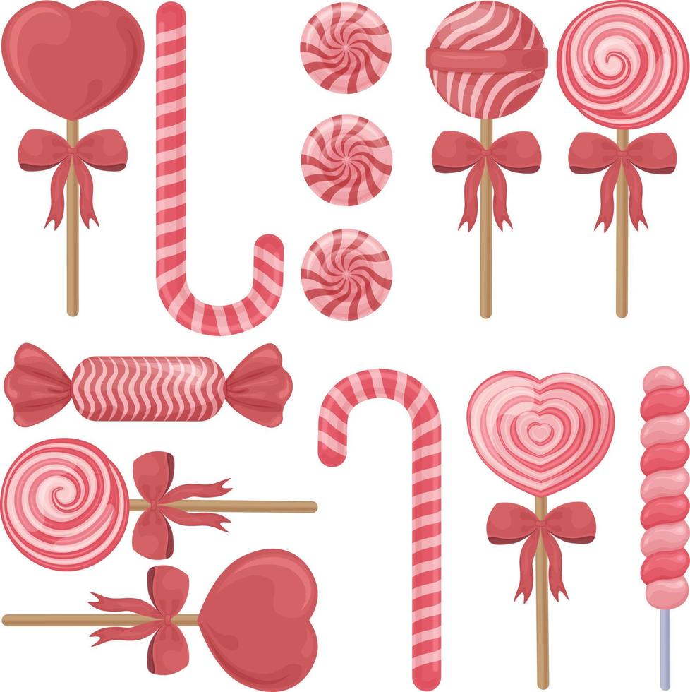 A large sweet set of Christmas candies of various shapes. Lollipops on a stick. Holiday sweets. Caramel candies. Sweet New Year s dessert. Vector illustration