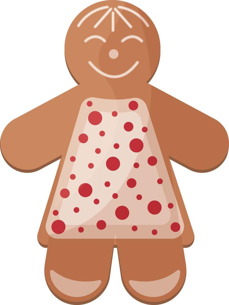 Cute Christmas gingerbread in a dress. New Year s smiling gingerbread. Festive pastries. Christmas cookies in the form of a cheerful little man. Vector illustration isolated on a white background