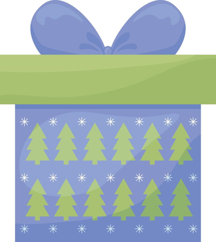 Bright gift box. Festive packaging decorated with the image of Christmas trees. A box decorated with a bow. Christmas gift box, vector illustration isolated on white background