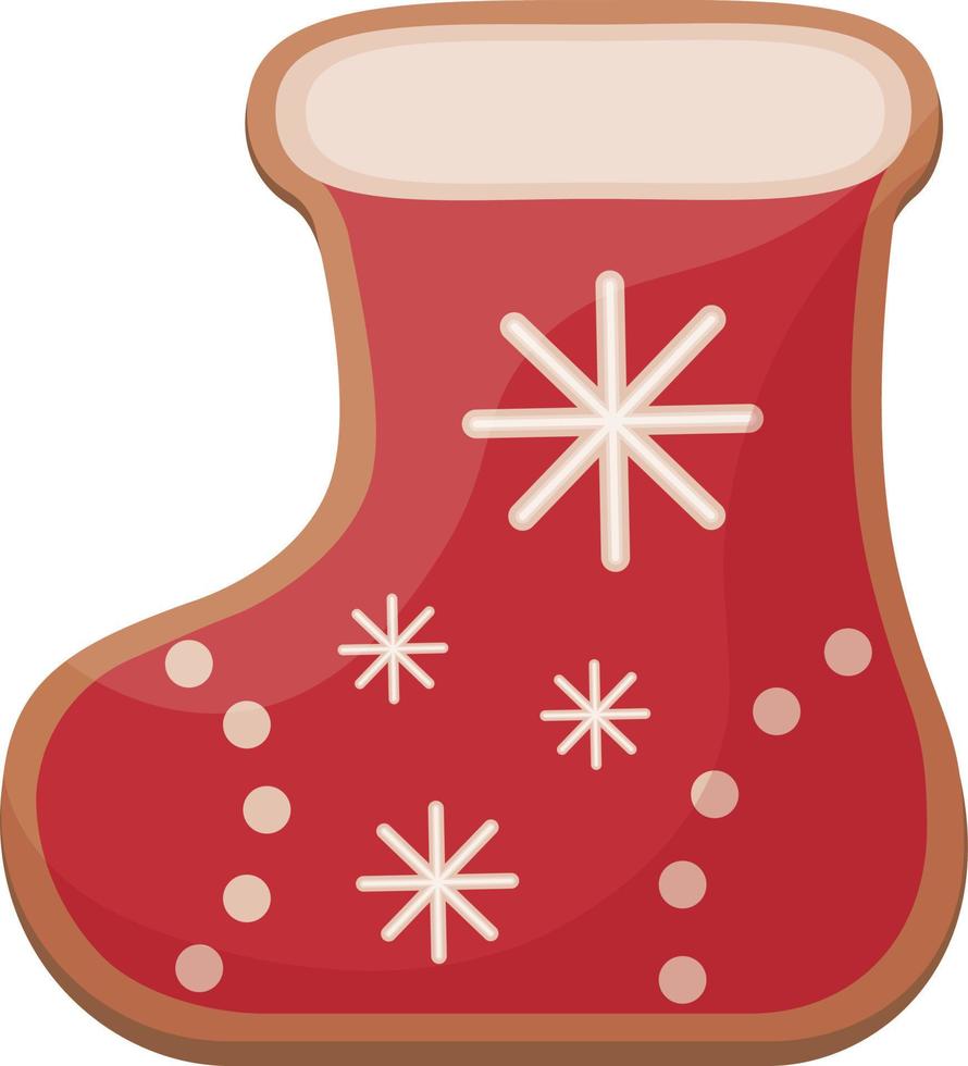 Cute Christmas gingerbread decorated with red icing, Christmas gingerbread in the shape of a boot. Festive pastries decorated with icing. Christmas cookies in the shape of a sock. Isolated vector