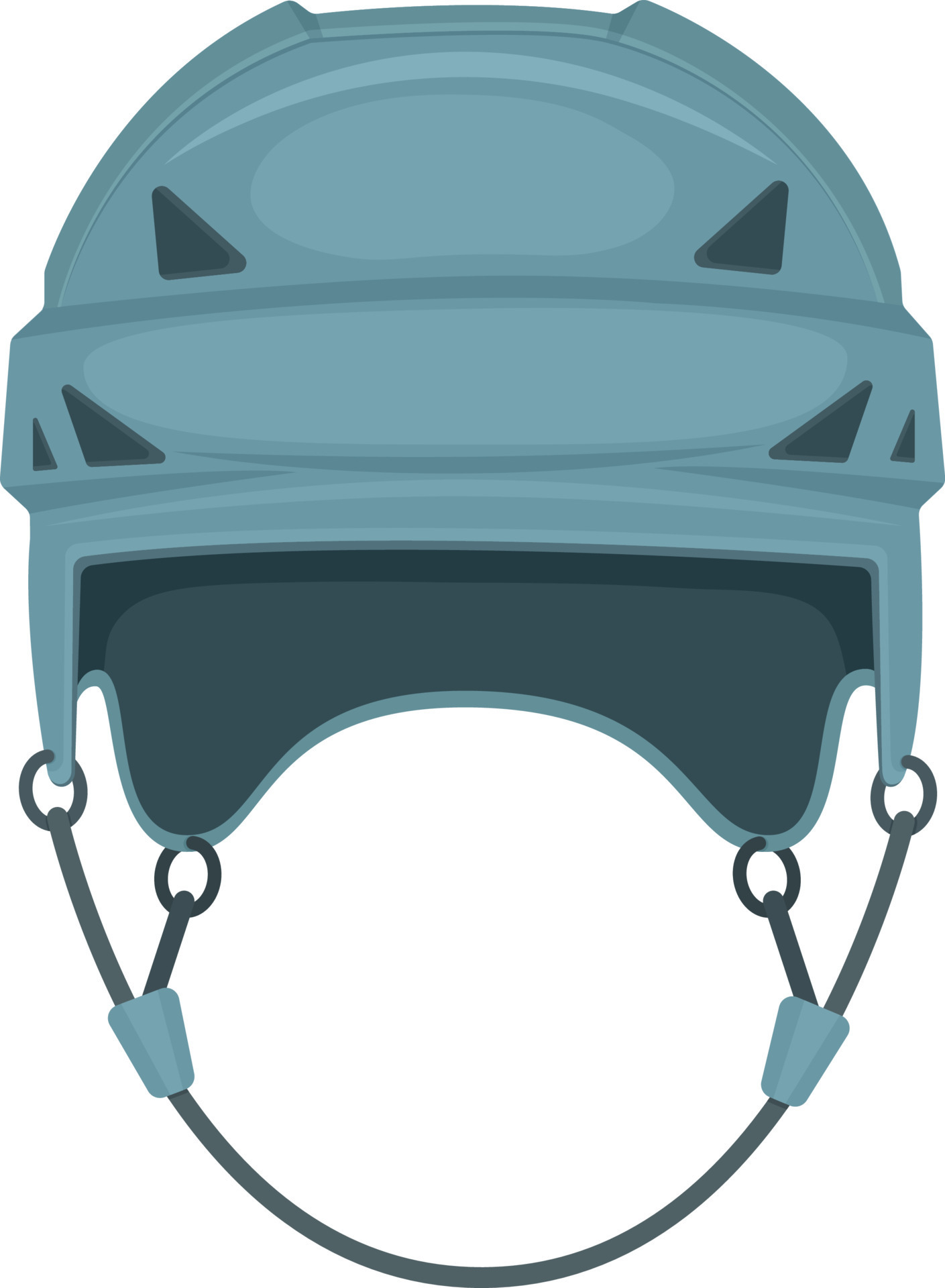 Grey hockey helmet, front view. Helmet to protect the head from injury