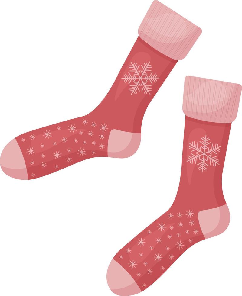 Bright red Christmas socks with the image of a large snowflake. Warm Christmas socks. A piece of clothing with the symbols of Christmas and New Year. Warm clothes, vector illustration