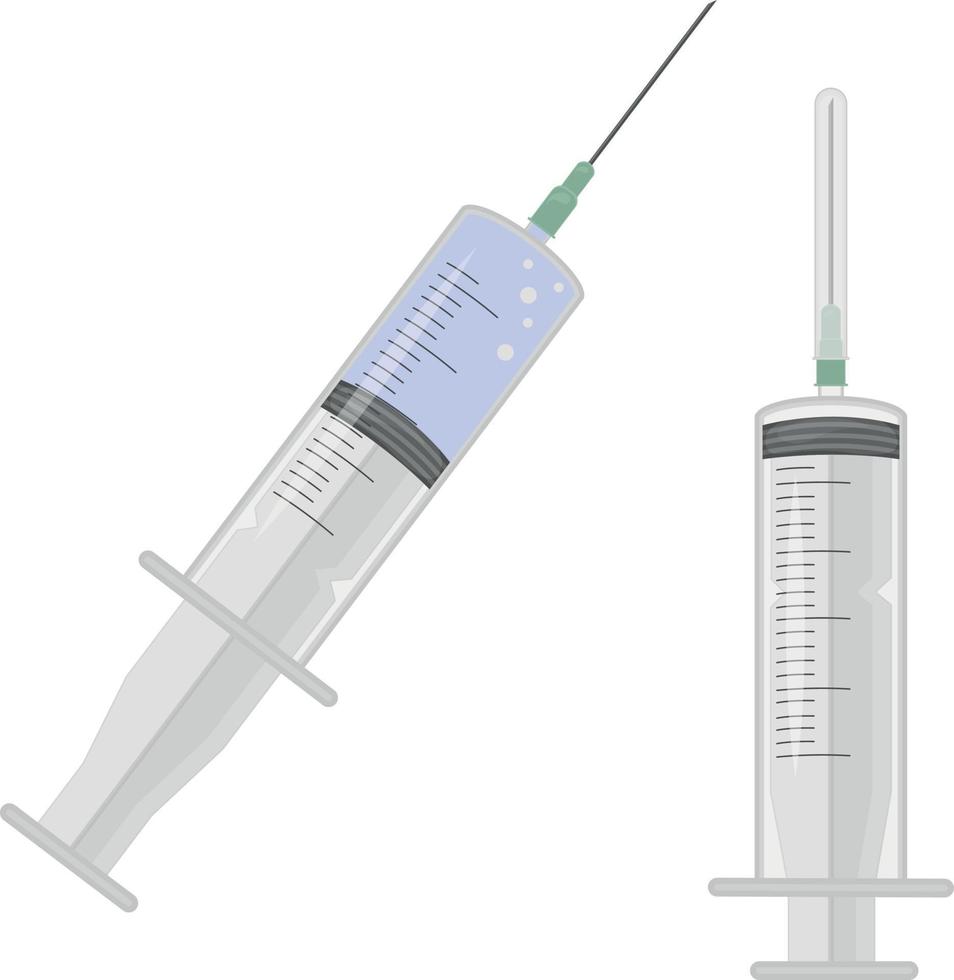 jeringas con agujas . dos médico jeringas con medicina y un vacío uno. un médico instrumento para el administración de medicamentos y vacunas vector ilustración aislado