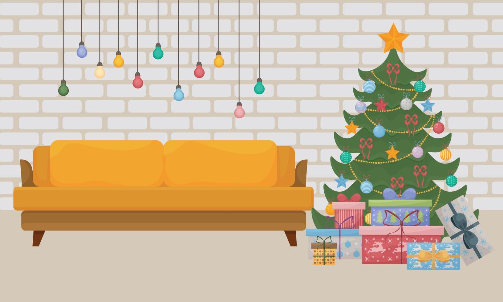 A bright illustration depicting the Christmas interior. New Year s living room with a Christmas tree, gifts, a bright sofa and also colorful garlands. Vector illustration