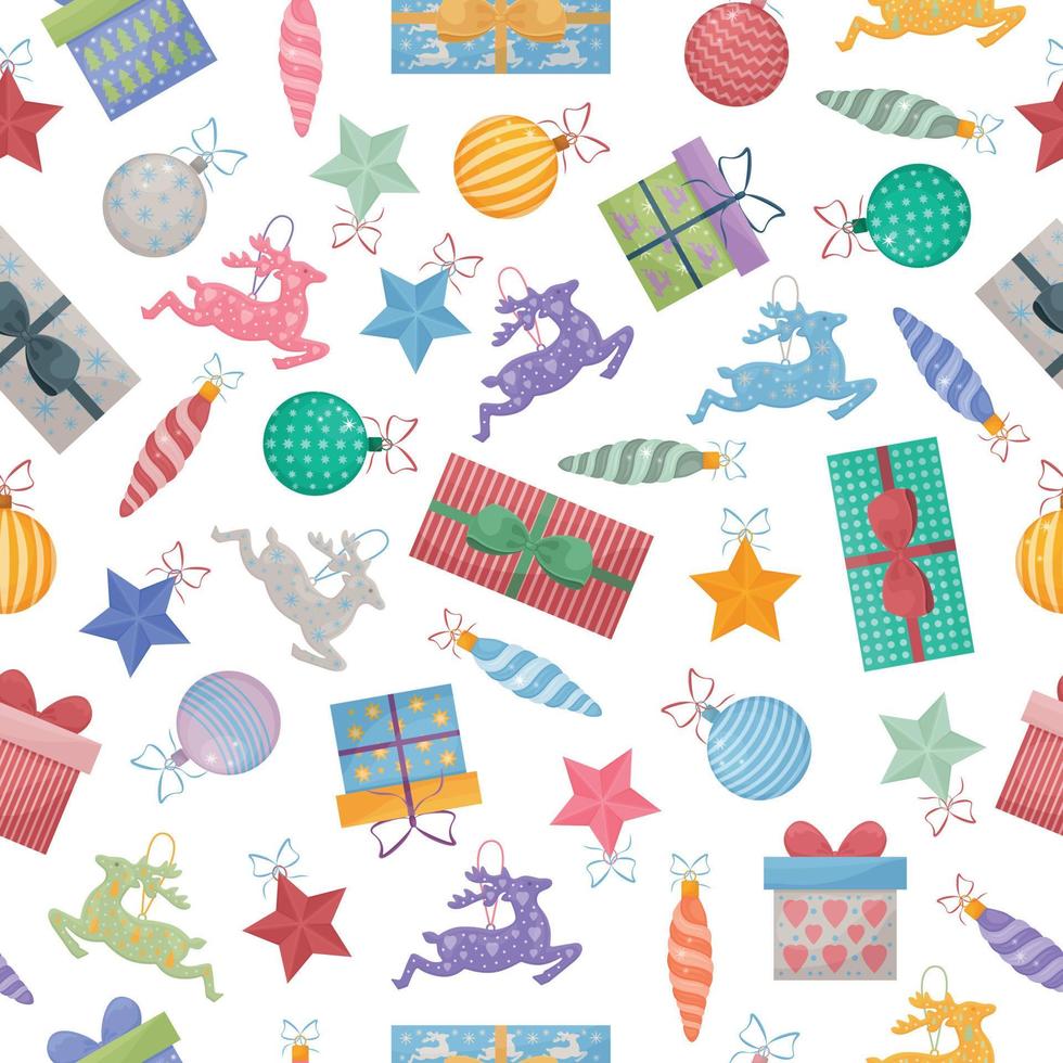 Bright New Year seamless pattern. Christmas pattern with the image of Christmas tree toys and Christmas gifts. Festive pattern for the print. Vector illustration