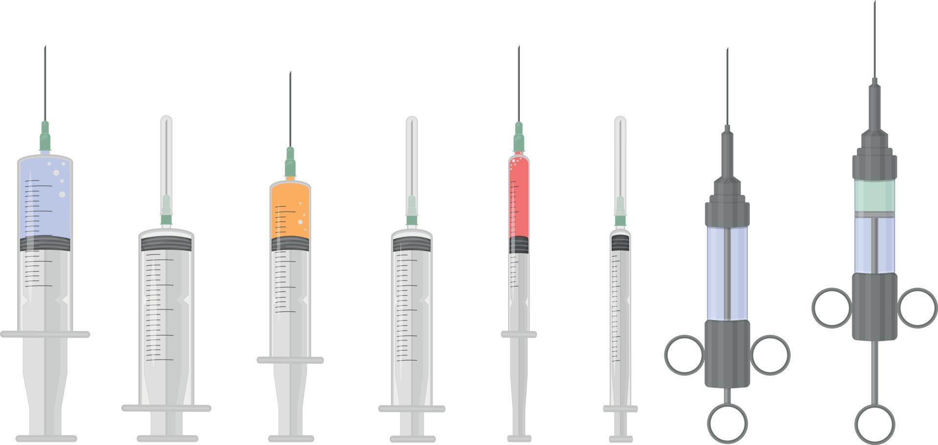 A set of medical syringes of various shapes and purposes. Syringes for injection. Disposable and reusable vintage syringes filled with medicine. Vector