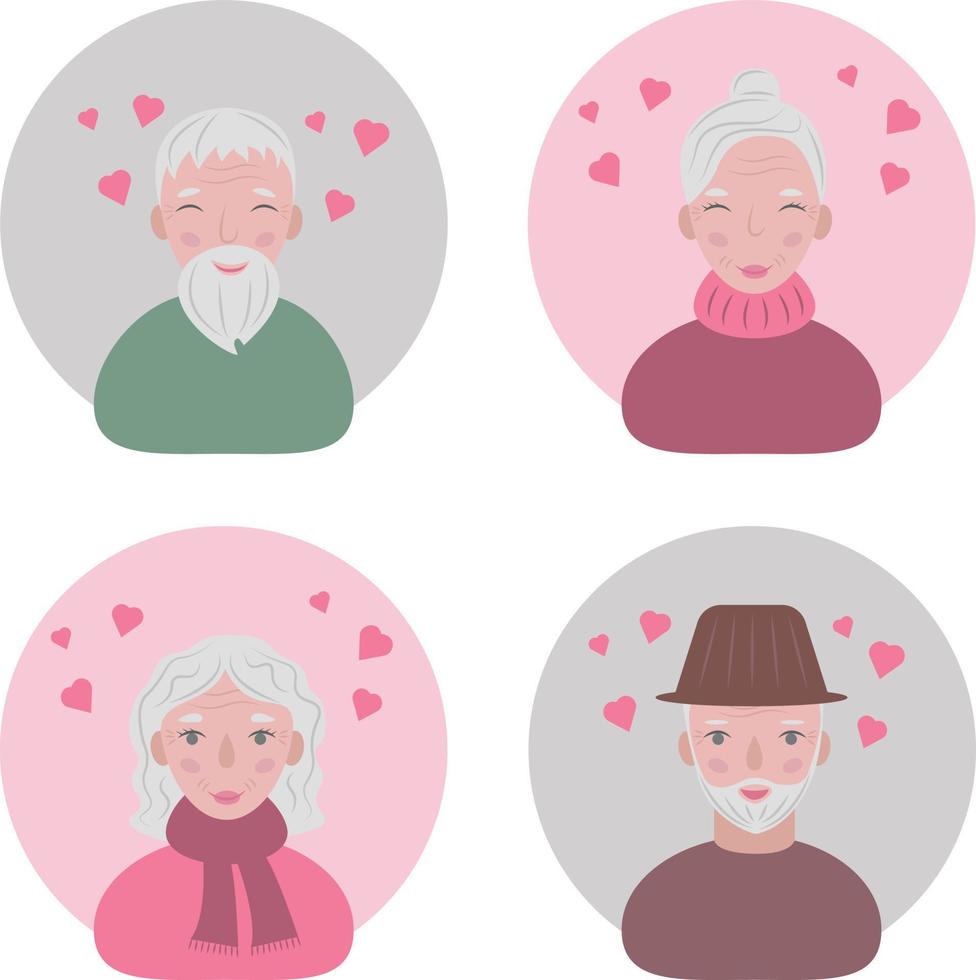 The faces of elderly people in love. Avatars of happy loving grandparents. Portraits of smiling old people on Valentine s Day. Funny faces with hearts above their heads. Vector illustration