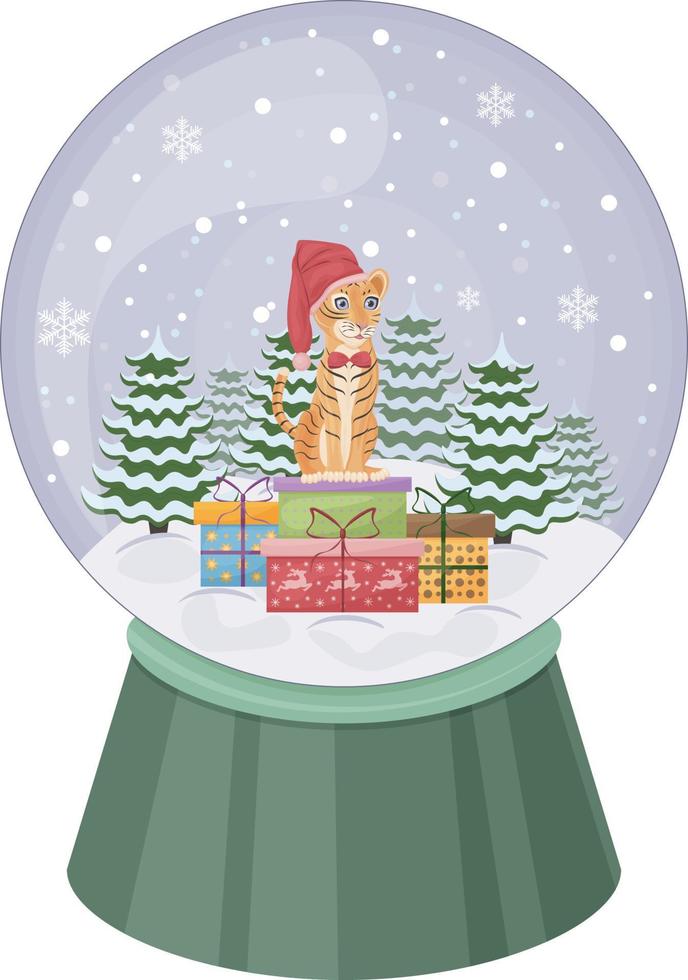 Christmas snow globe. A snow globe with a cute tiger, Christmas trees and gift boxes. A Christmas accessory. A festive toy. Vector illustration