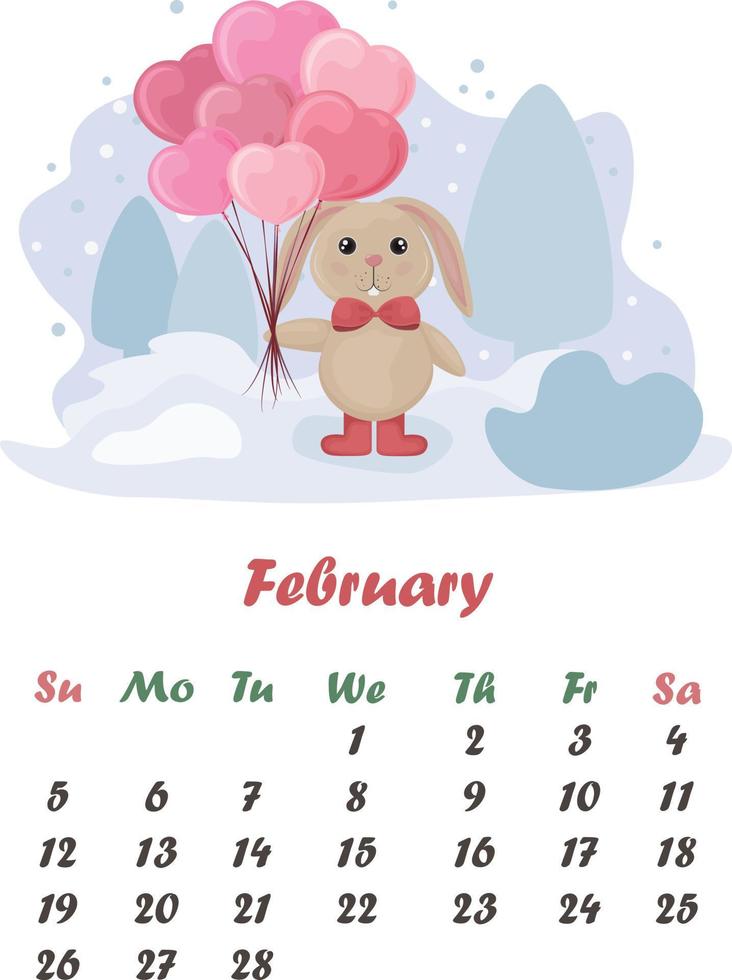 calendario febrero. linda calendario con el imagen de un Conejo en amar, con globos en el formar de corazones. invierno ilustración con un linda conejito con globos . vector