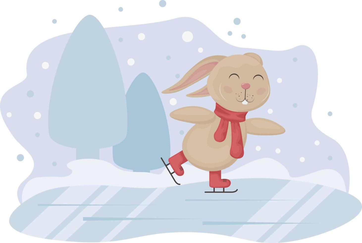 Rabbit. Winter illustration with the image of a cute rabbit skating. Rabbit on ice. Children s Christmas illustration. Vector