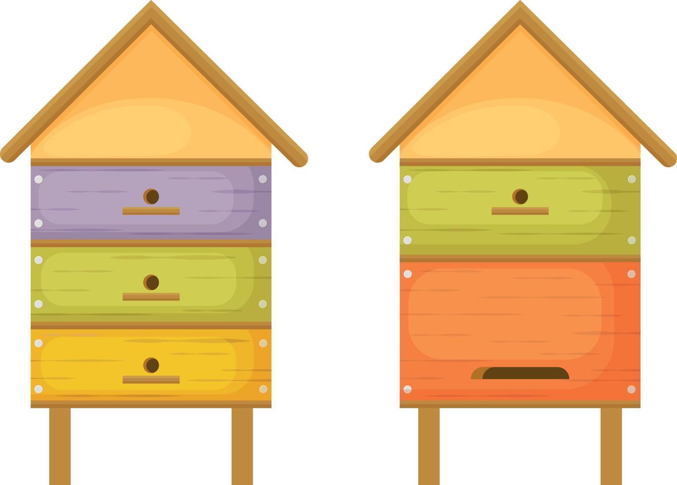Hive. Bee hives. Two wooden beehives in the form of houses. Colorful beehives in cartoon style. Honeybee houses. Vector illustration isolated on a white background