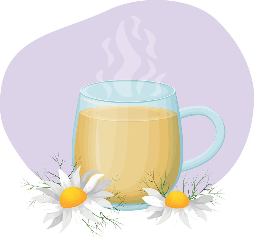 un taza de té. transparente taza con un caliente beber. medicinal decocción de manzanilla. té taza con manzanilla flores vector ilustración