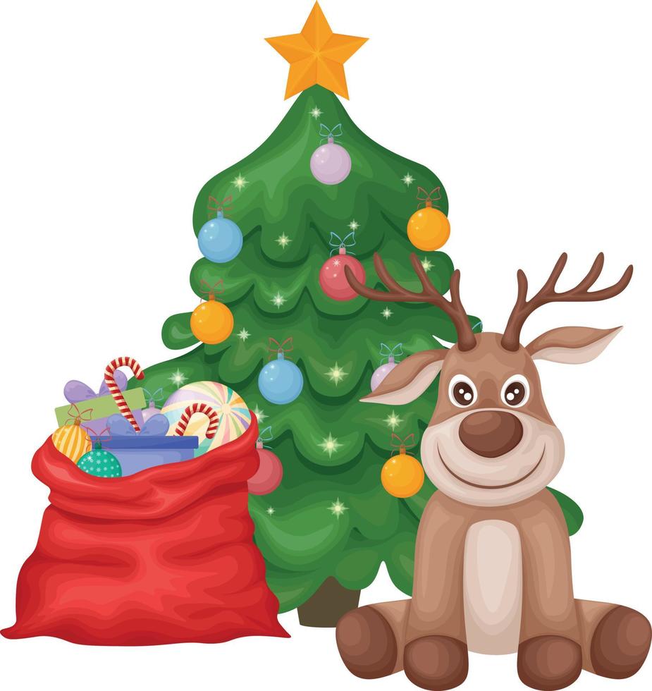Christmas illustration. New Year s illustration with the image of a cute deer in cartoon style, sitting near a Christmas tree and a red bag with gifts. Vector illustration