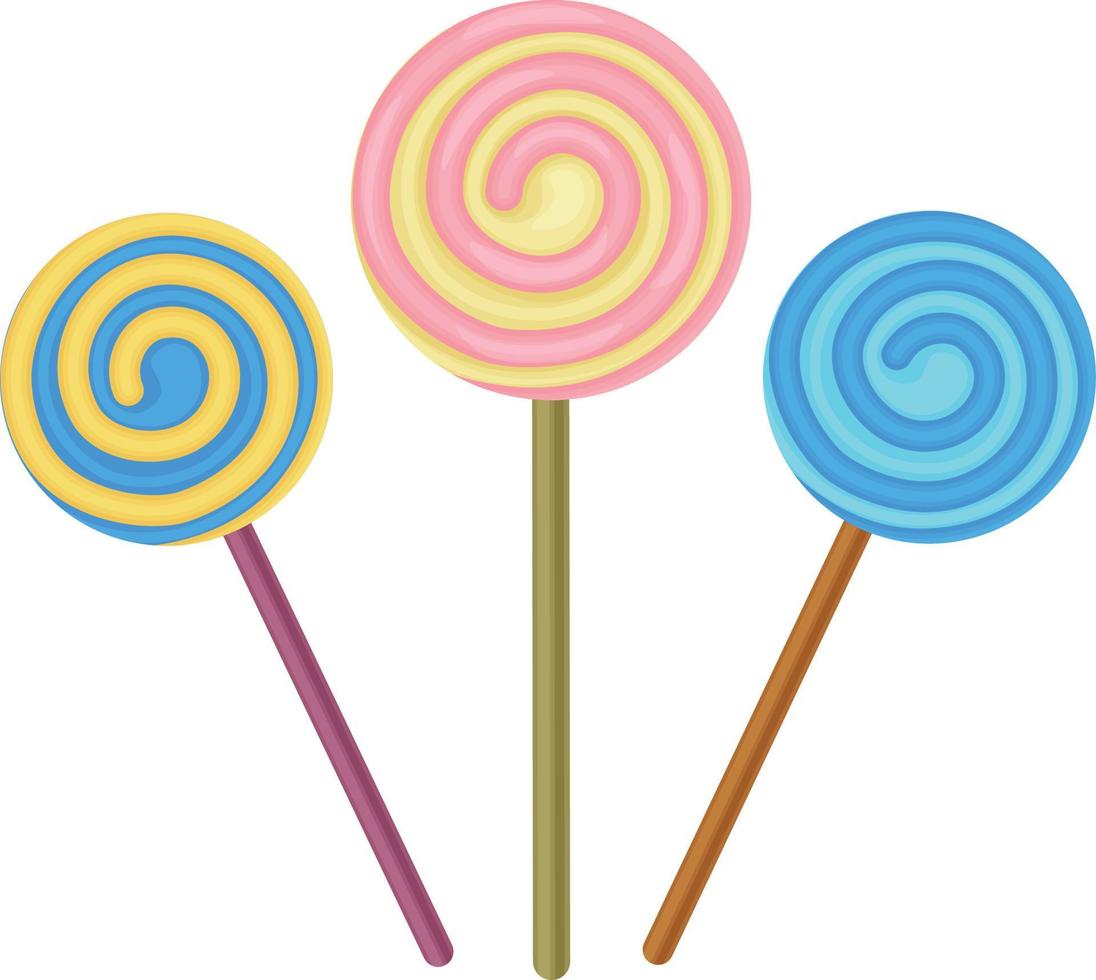 A set of three round spiral lollipops. Colorful sweet lollipops on a stick. Children s sweets. New Year s candy. Christmas caramel. Vector illustration on a white background