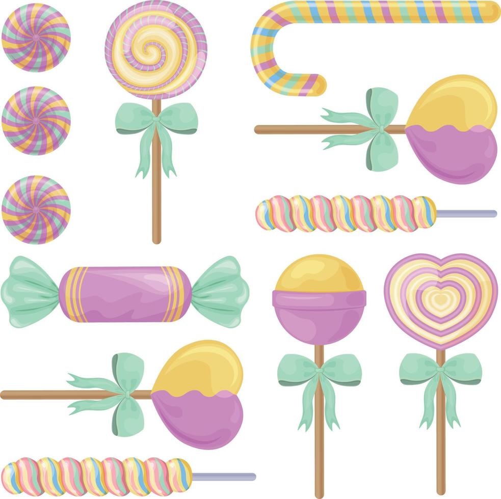A bright set consisting of colorful candies and lollipops. Candy dragees. Juicy lollipops on a stick of different shapes and sizes. Christmas sweets. Festive candles. Vector illustration