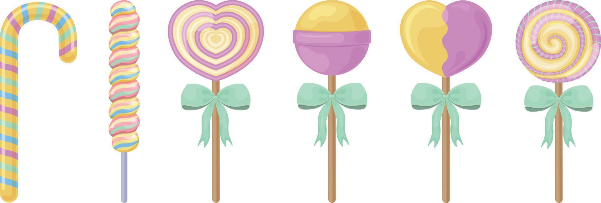 A bright set consisting of colorful candies and candies. Juicy lollipops of various shapes and sizes. Christmas sweets. Holiday candies. Vector illustration