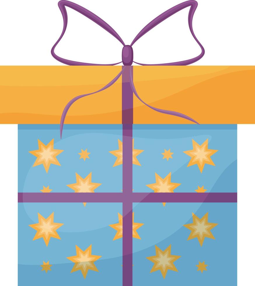 brillante regalo envase para cumpleaños, enamorado s día, nuevo año y otro vacaciones. el festivo azul embalaje es decorado con naranja estrellas y un púrpura arco. Navidad regalo caja, vector ilustración