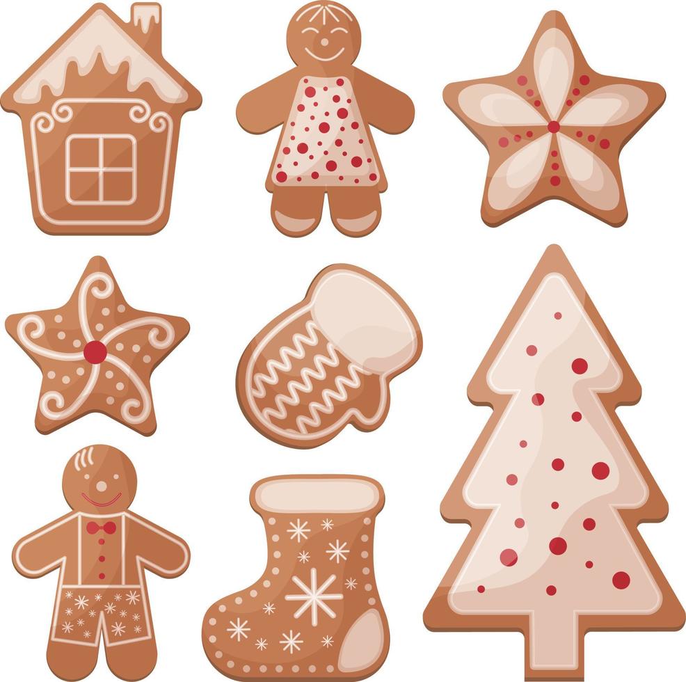 A set of Christmas gingerbread cookies of various shapes. New Year s pastries. A collection of cookies in the form of Christmas symbols. Festive sweets vector illustration