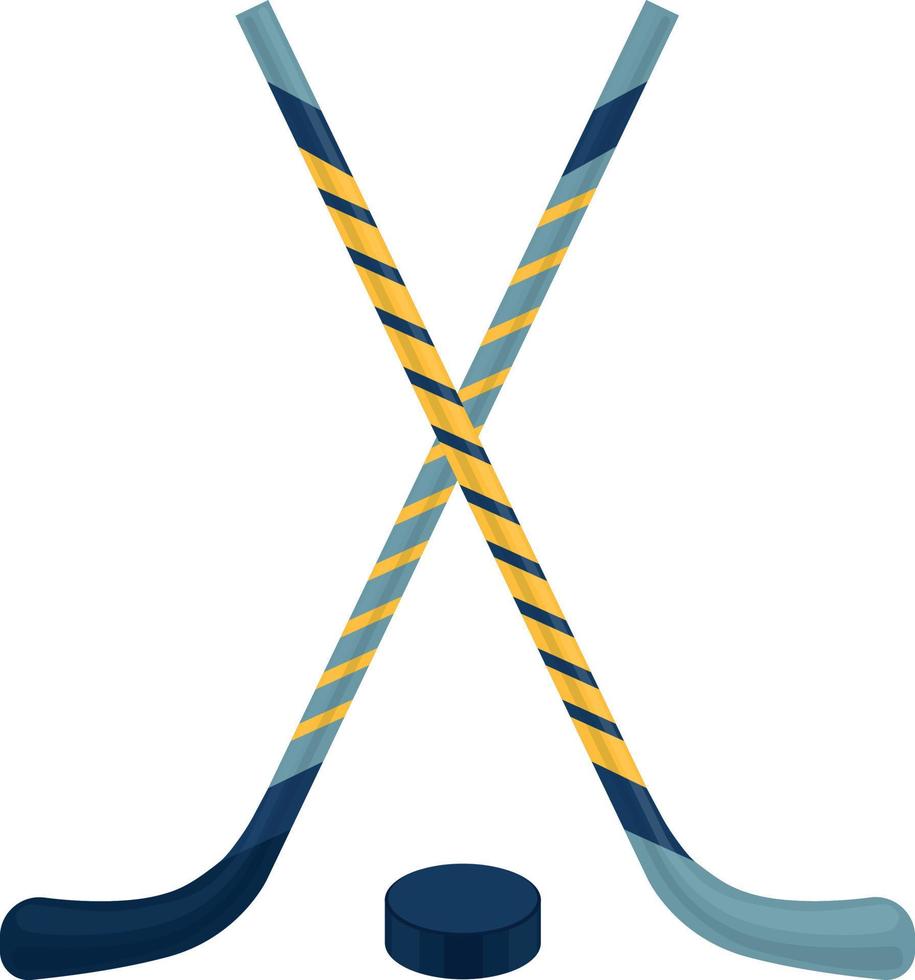 dos hockey palos de diferente colores y un disco. hielo hockey y campo hockey palos Deportes equipo para juego Deportes. vector ilustración aislado en un blanco antecedentes