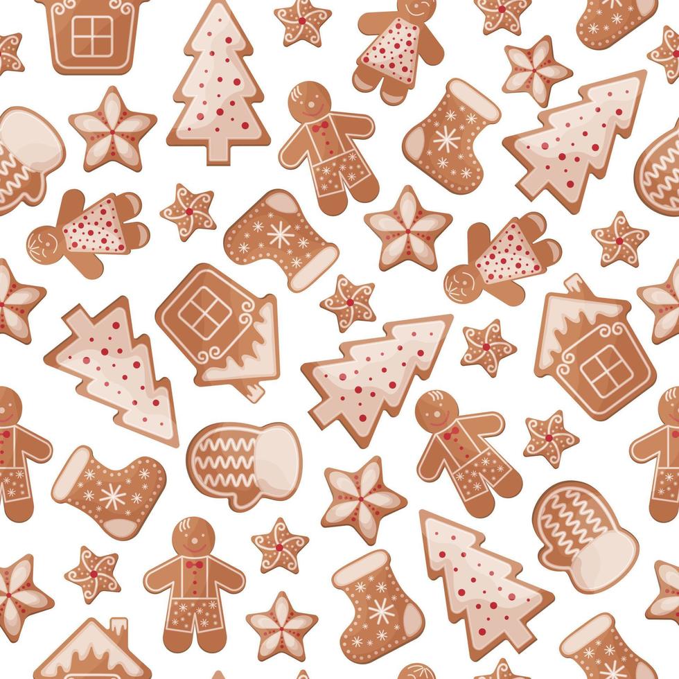 Sweet Christmas seamless pattern with the image of gingerbread cakes of various shapes. New Year gingerbread pattern for the print. Vector illustration.