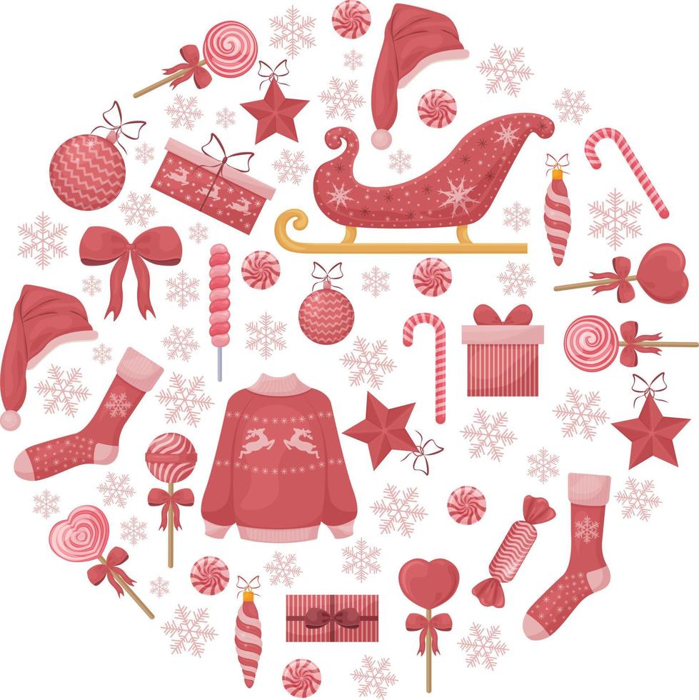 Bright Christmas set with Christmas symbols such as Santa Claus sleigh and hat, Christmas gifts, lollipops and other Christmas accessories. Holiday collection vector illustration