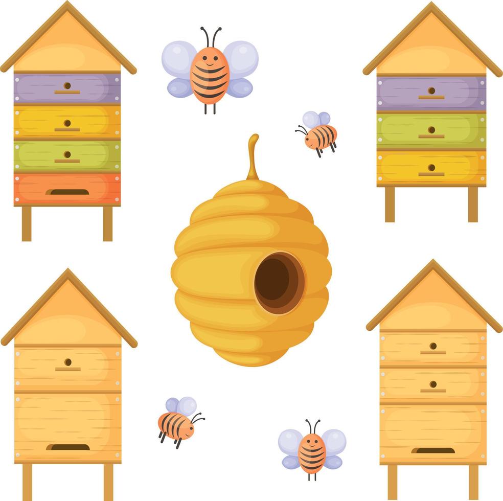 Bee hives. A set with the image of beehives of various shapes and colors. Houses for bees. Wooden beehives with bees. Vector illustration