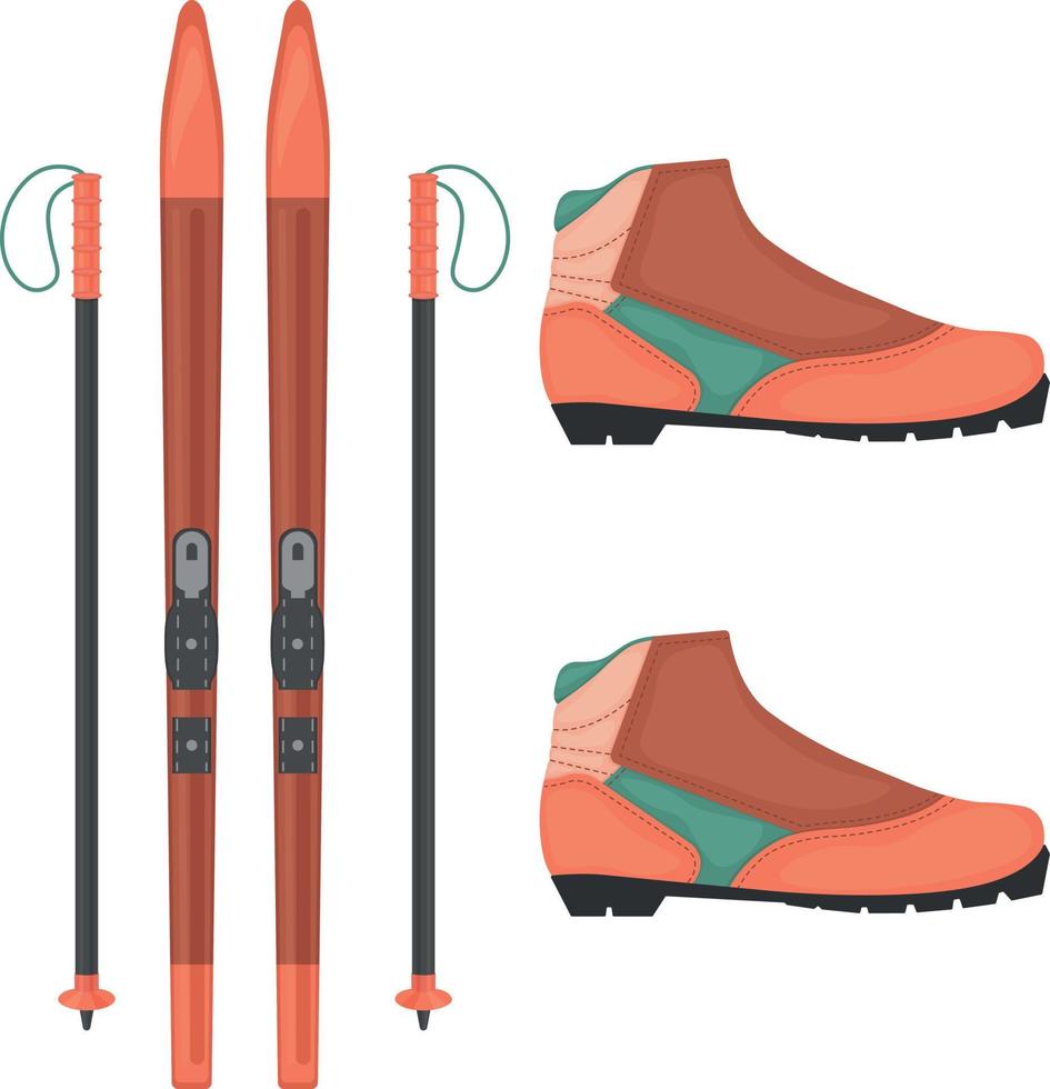 Sports winter set with the image of cross-country skis, ski boots. Sports equipment for competitions and outdoor activities. Vector illustration isolated on a white background