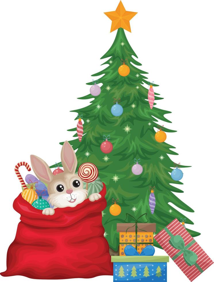 Christmas illustration. New Year s illustration with a large bag of gifts, in which a cute hare is sitting. The symbol of the new year near the Christmas tree. Vector illustration