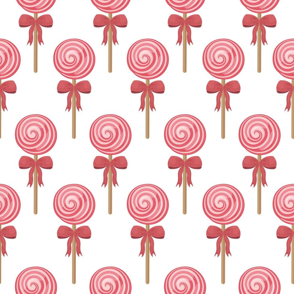 Bright sweet seamless pattern with the image of lollipops on a stick. Spiral lollipops with red bows. Candy pattern for a cartoon-style print. Vector illustration