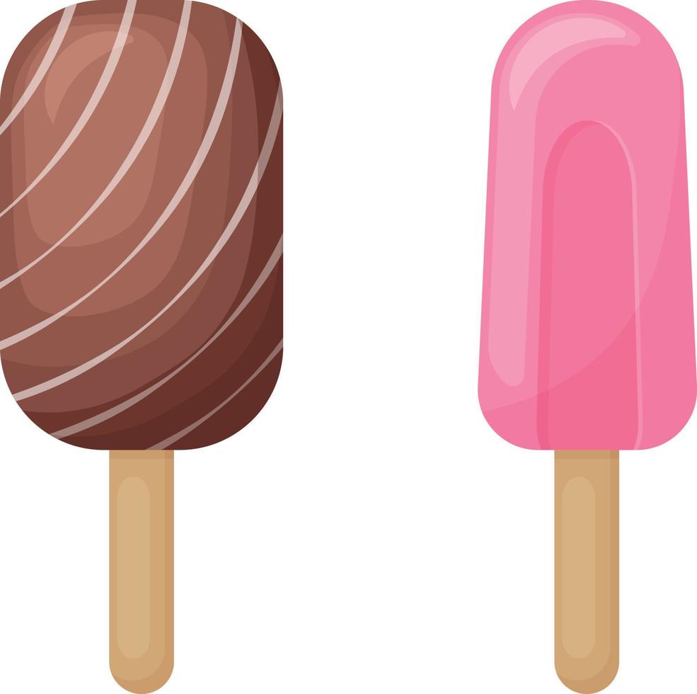 Ice cream, popsicle on a stick. Chocolate and popsicle ice cream. Sweet dessert on a stick. Vector illustration isolated on a white background