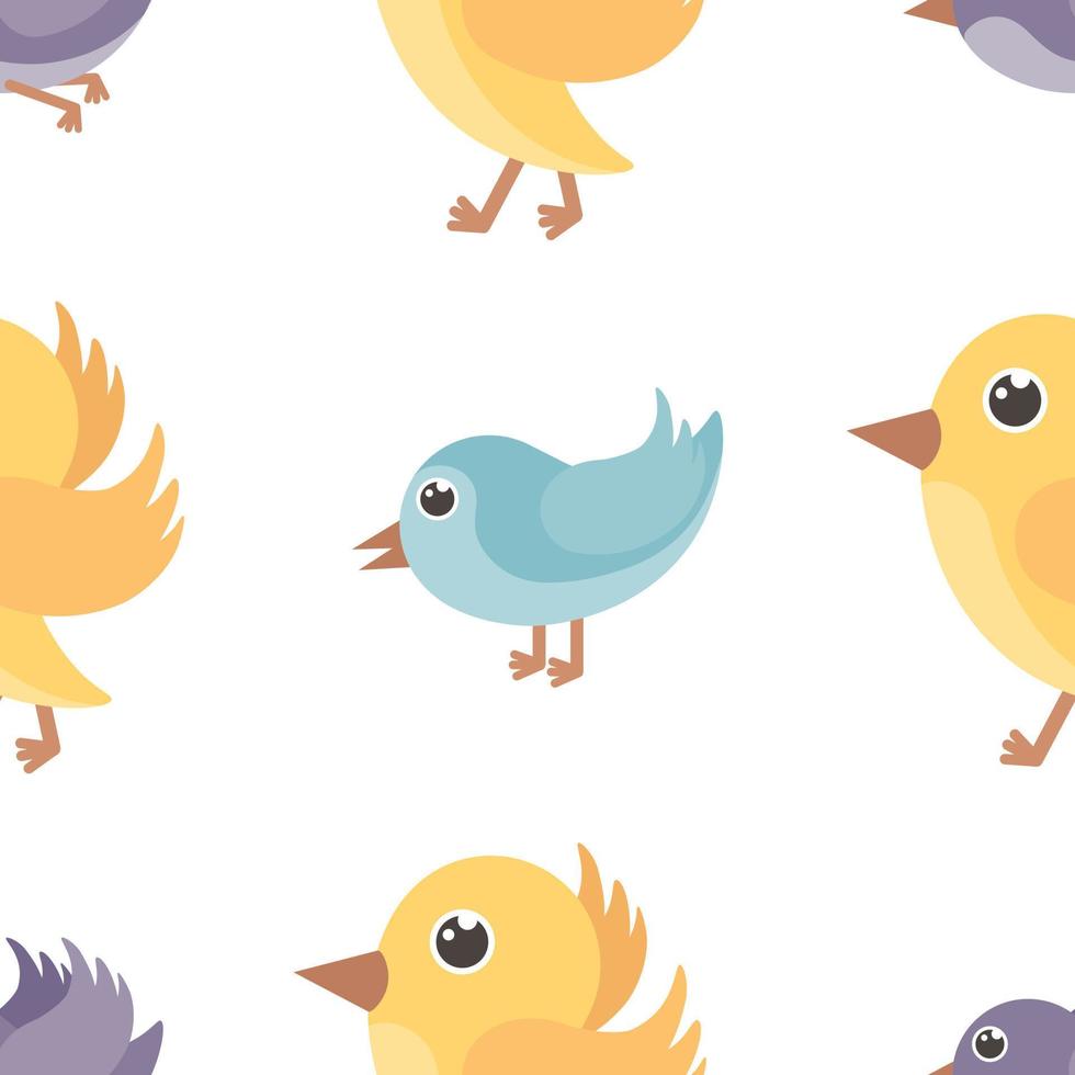 Cartoon birds. Seamless pattern with the image of cute birds in blue, purple and yellow colors. Children s pattern for printing and gift wrapping. Vector illustration