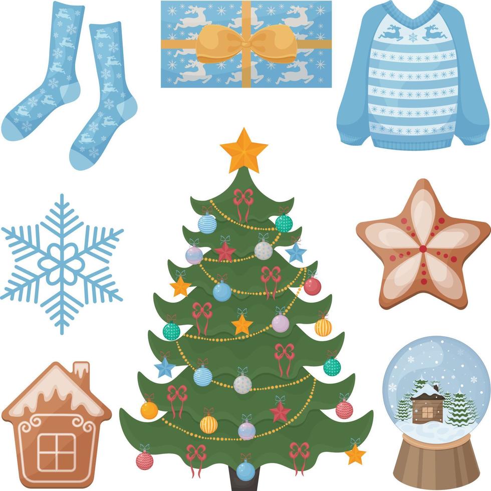 A large Christmas set with festive items such as a gift, a snow globe, a gingerbread, as well as a Christmas tree toy and a sweater. Collection of Christmas items. Symbols of the new year. Vector